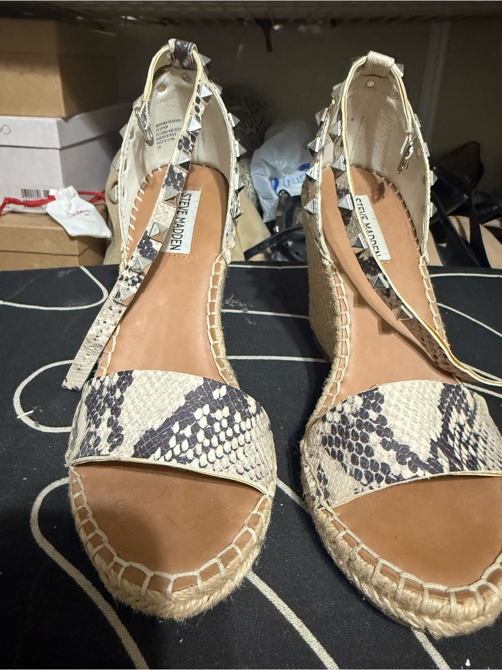 Steve Madden Beige and Black Snake-Print Espadrille Wedge Sandals